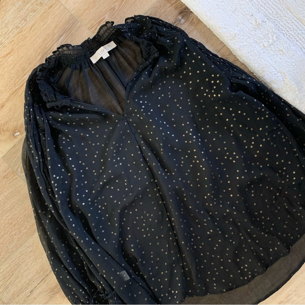 Sheer black blouse w gold polka dots